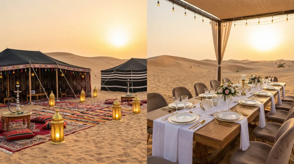 Traditional Arabian night and modern luxury birthday themes in the Dubai desert, with Bedouin tents, luxury decor, and desert landscapes.