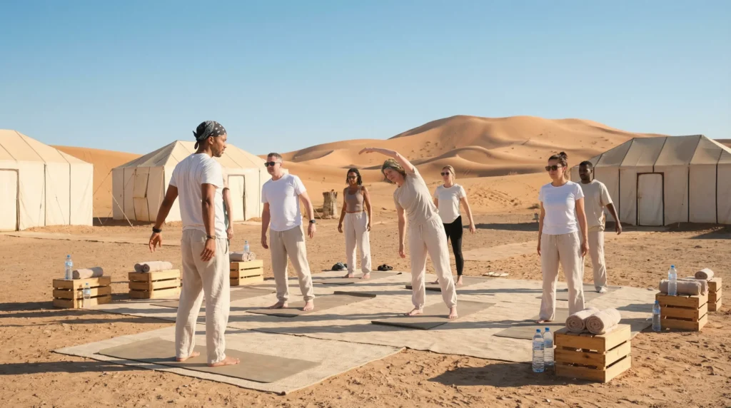 Group fitness session in the desert, focusing on low-intensity exercises for weight loss and detox.