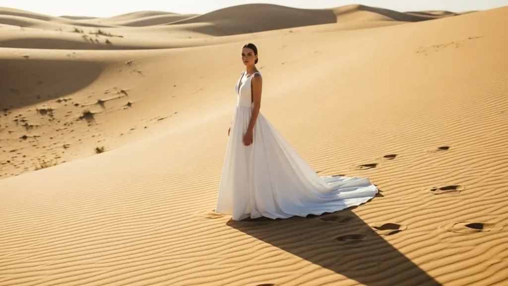 Desert Safari Dubai wedding shoot bride in white dress on golden sand dunes
