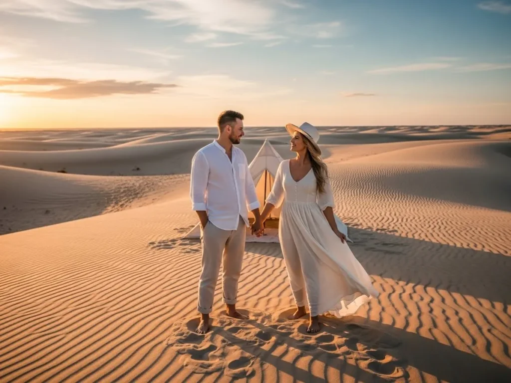Couple wearing white and cream outfits in Dubai desert