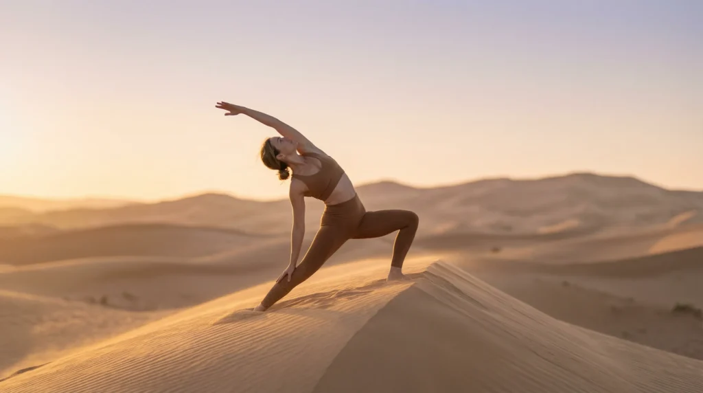 Woman practicing yoga on a desert dune during sunrise, serene and peaceful desert environment.