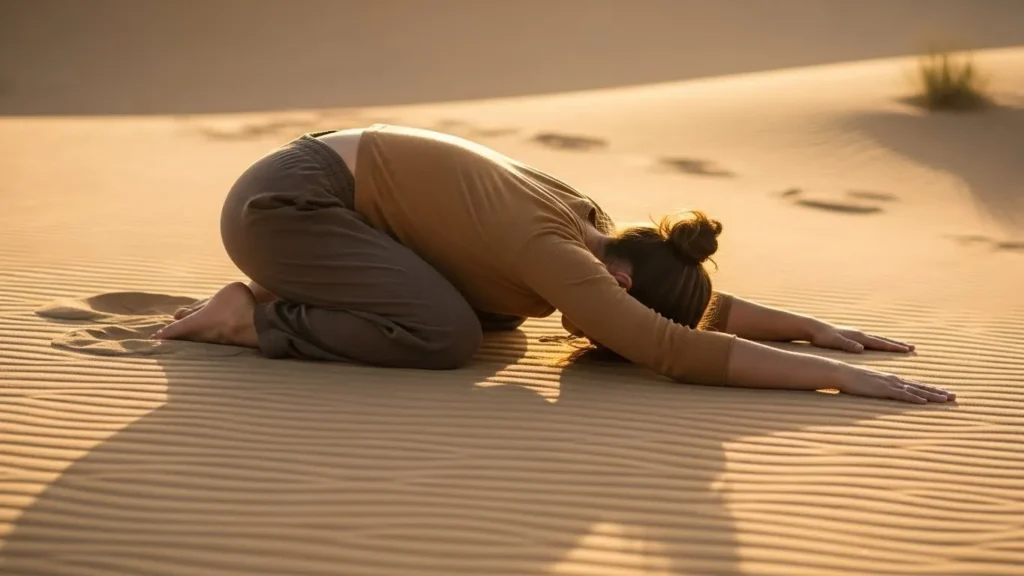 Child’s yoga pose for relaxation on quiet Dubai desert safari sand