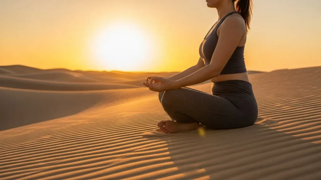 Meditation yoga pose at sunset on Dubai desert safari sand dunes