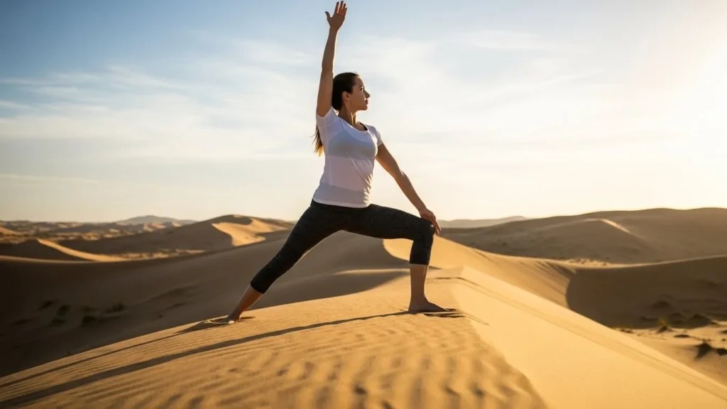 Morning sun salutation yoga pose performed on Dubai desert safari sand dunes at sunrise