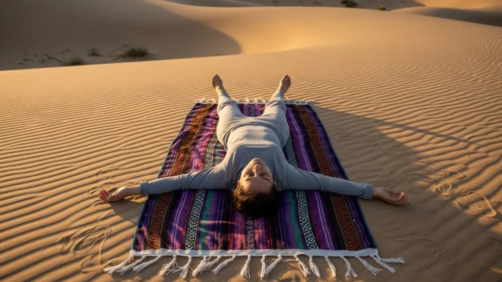 Savasana relaxation yoga pose on blanket in calm Dubai desert safari setting