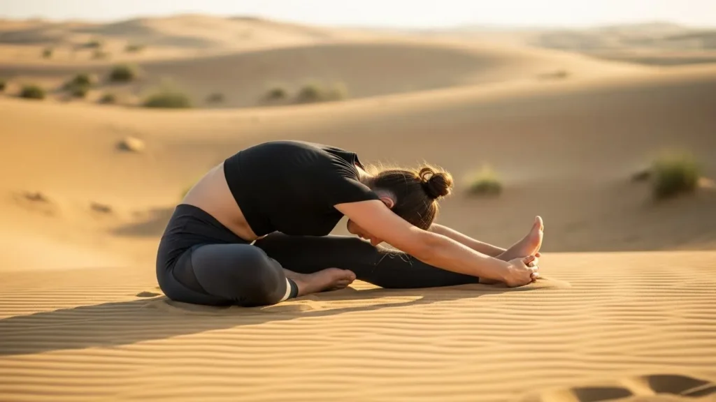Seated forward fold yoga pose on warm sand during Dubai desert safari experience
