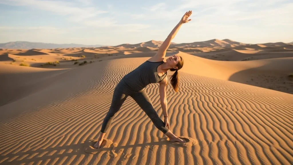 Triangle yoga pose for balance performed on Dubai desert sand dunes