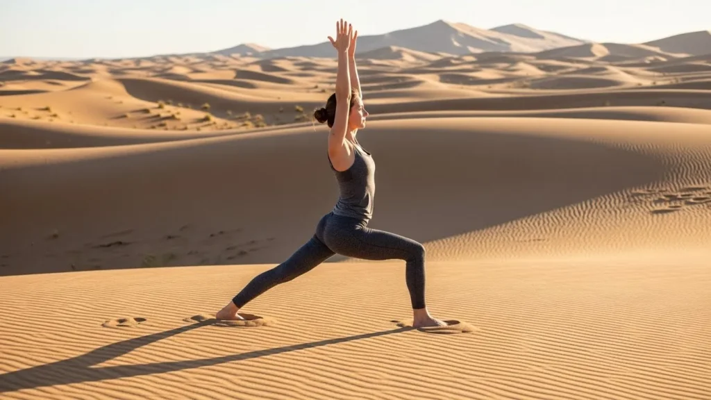 Warrior II yoga pose for strength practiced on Dubai desert safari dunes